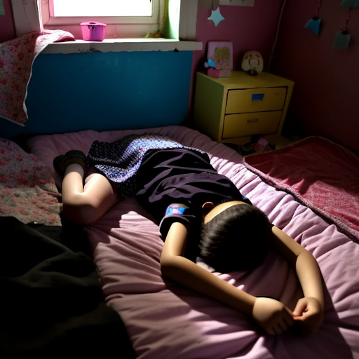 A 13-year-old girl is lying on a bed and crying. the room is dark and messy, the bed is broken. in custom style