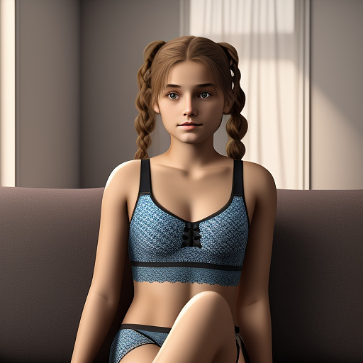 Ultra realistic a cute 14 year old german girl sits on the sofa in the living room in sexy underwear in custom style