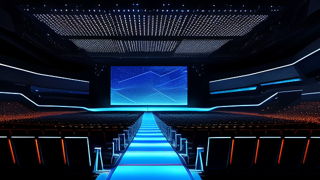 Futuristic technology conference scene,large glass auditorium,holographic screens,blue and silver color palette,audience silhouettes,cinematic lighting. in realistic style