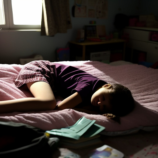A 13-year-old girl is lying on a bed and crying. the room is dark and messy, the bed is broken. in custom style