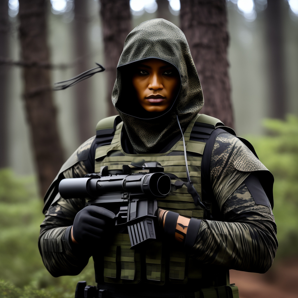 Fierce, intricate and organic tactical garb, with advanced ballistic properties, with very deep stunning hood and veiling cloth mask; faceless and mysterious; with hi-tech digital forest tiger stripe camouflage; splashed with blood and sand in custom style