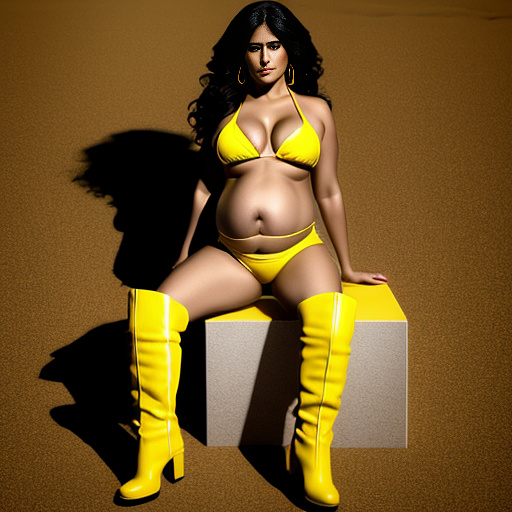 Realistic, detailed, pregnant, salma hayek, yellow bikini, boots, full body, stripclub  in custom style