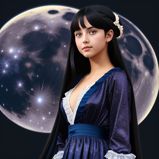 A girl with long dark blue hair and purple eyes, wearing a knee-length black and blue dress full of galaxy patterns. the background is a photo of the moon, stars and night. the dress should be black and blue and for the victorian era. do not be a childish girl in anime style