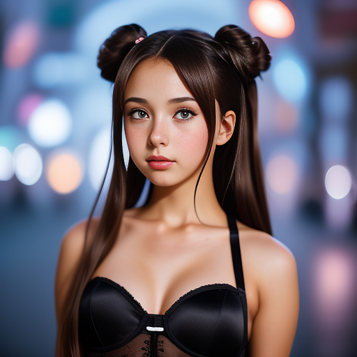  13 year old, teen girl in tight black corset, realistic photograph, underage nonude, sexy, brunette, tight hair bun, sexy little girl, clear glue drops on her chest and face in anime style