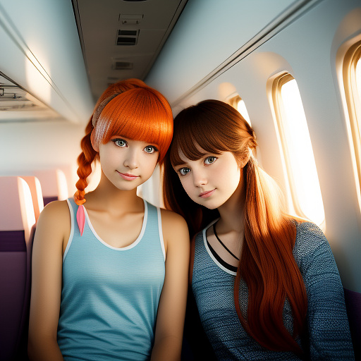 Anime style, cel-shaded, high detail, sharp outlines, vibrant colors, soft lighting, clean background, no extra characters

scene: interior of an airplane cabin during daytime, looking through the window where soft sunlight streams in

characters: two girls sitting side by side near the window. one has short orange hair, brown eyes, wearing a white and light blue striped tank top with denim shorts; she is leaning slightly forward showing concern, placing her hand gently on the other girl’s shoulder. the second girl has long pink hair tied in a low ponytail, green eyes, wearing a casual outfit, looking forward with a thoughtful expression.

focus: upper body composition, emotional interaction between the two characters, cinematic framing, warm tones, dramatic but soft lighting through the airplane window in anime style