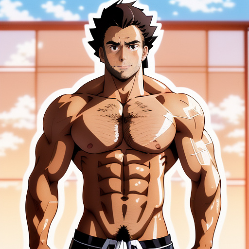 Muscle bara stud
huge pecs
huge chest
long light brown hair
beard 
no nipples in anime style