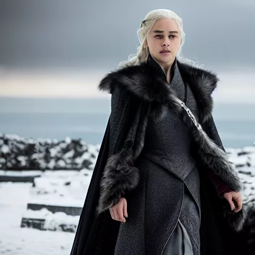 Daenerys targaryen in a silver grey coat and black fur