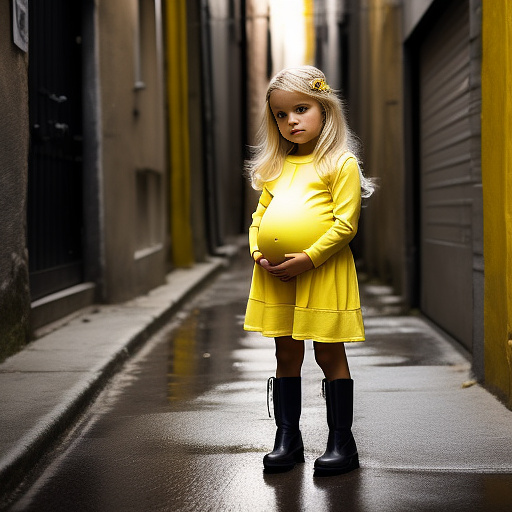 Pregnant, 7-years-old-girl, blonde, yellow boots, nude, alleyway in custom style