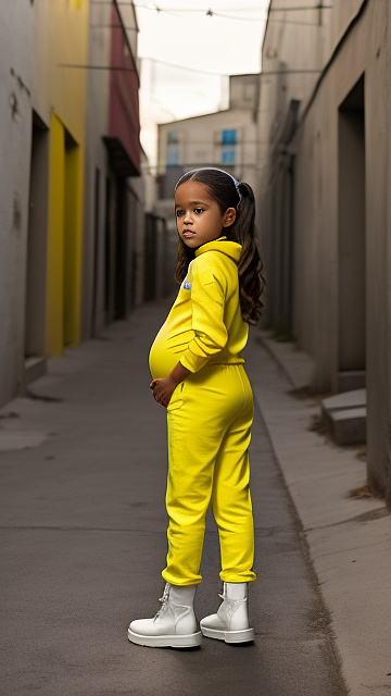 7 years old, pregnant, jenna ortega, yellow jumpsuit boots, backalley  in custom style