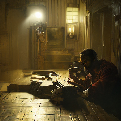 In a dark room, there is a telephone and a gun on the table. a man is sitting on a chair, and he is dead. in custom style