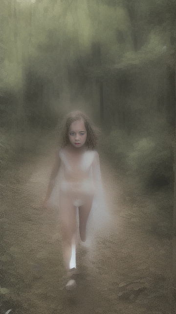 A 9-year-old naked girl is walking through the woods alone. in custom style