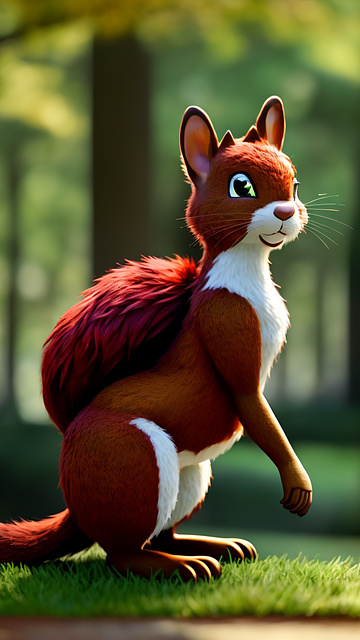 Cute anthro squirrel girl, brownish red fur, park backdrop, squirrel tail, anthropomorphic squirrel, facing the camera, body fur in anime style