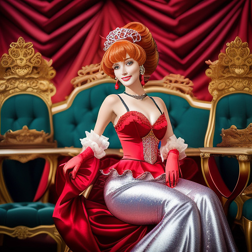 A fabulous performer in drag style, seated elegantly on a chair, wearing a red satin mermaid gown and matching opera gloves in anime style