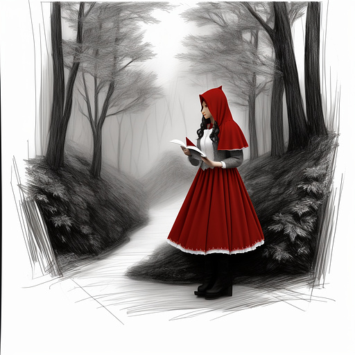 Little red riding hood
talking with an anthropomorphic wolf man in pancil style