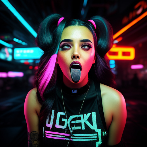 Girl ahegao facing the camera, drool dripping off their tongue in cyberpunk style