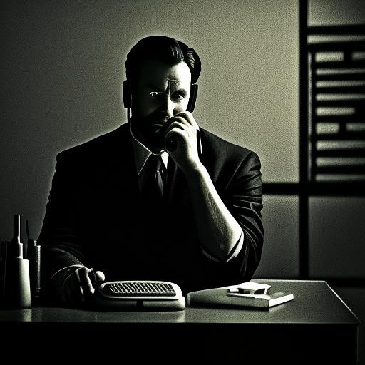 In a dark room, there is a telephone and a gun on the table. a man is sitting on a chair, and he is dead. in custom style