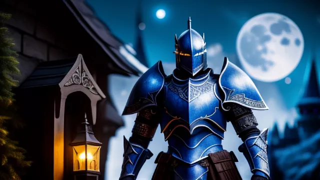 A fantasy blue armored knight glooms at night under the moonlight in front of a dark castle in disney painted style