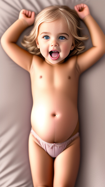 Realistic, detailed, 4-year-old blonde girl, pregnant, lingerie outfit, showing belly, laying in bed, top down full body view, red blush, dark skin, mouth open,  in custom style