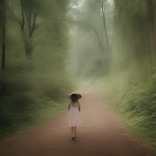 A tired 9-year-old girl is walking along a forest path. it's evening. she has a basket in her hand. she's wearing a panama hat. view from behind. in custom style