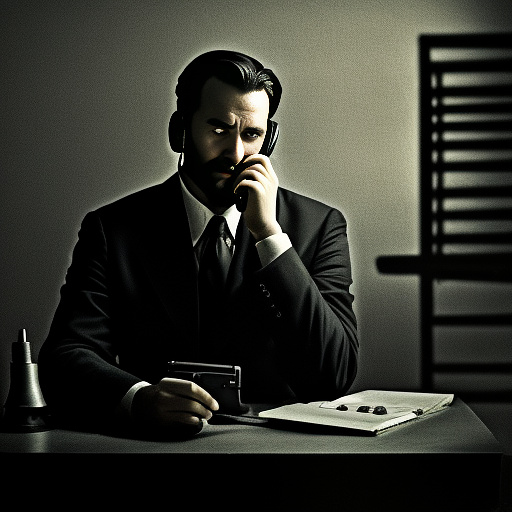 In a dark room, there is a telephone and a gun on the table. a man is sitting on a chair, and he is dead. in custom style