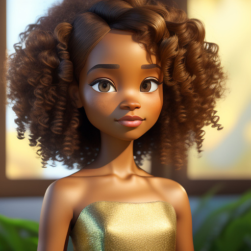  a 3d disney/pixar-style chibi african american woman narrator with captivating almond-shaped eyes, elegant curly hair, and a glamorous outfit with subtle gold accents. she looks more like a woman than a child, with a balance of elegance and maturity. she speaks to the audience with a mysterious but comforting aura. soft golden light surrounds her.
 in disney 3d style