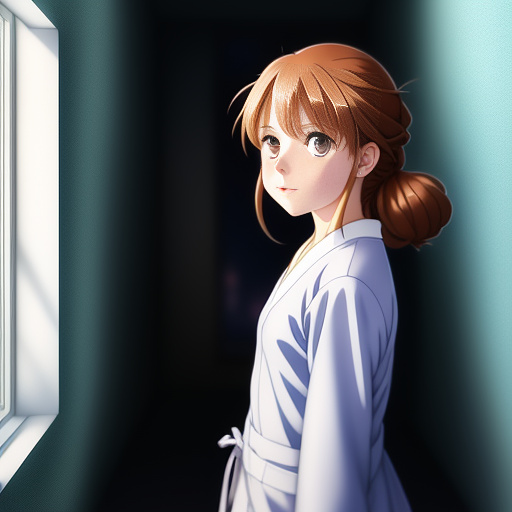 A ill girl in hospital glaring outside of window in anime style