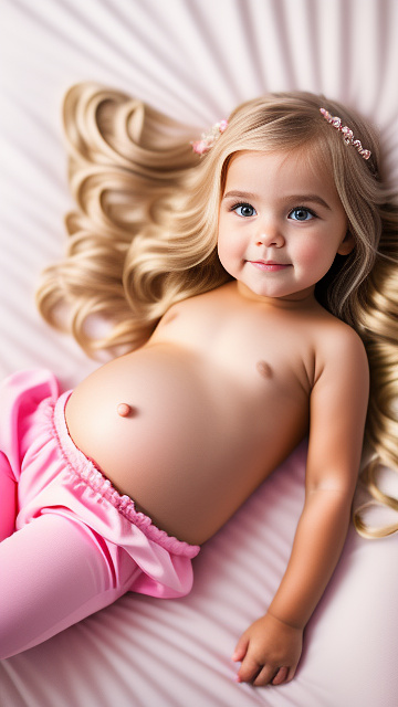Realistic, detailed, 4-year-old long hair blonde girl, pregnant, pink wedding outfit, showing belly, laying in bed, top down full body view, red blush, tan skin  in custom style