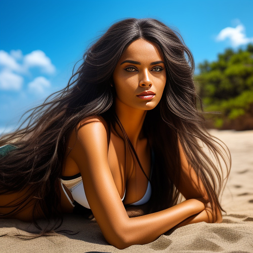 Make image of beatyfull black sexy polish woman. lying on the beach on the stomach (and she have long hair) and make her so beatyfull that boys lies after she in realistic style