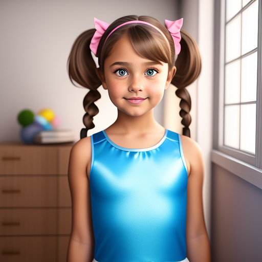 A seven year old girl, with light brown hair, light brown eyes, pigtails in her straight hair, and is wearing a cute light blue dance outfit in disney 3d style