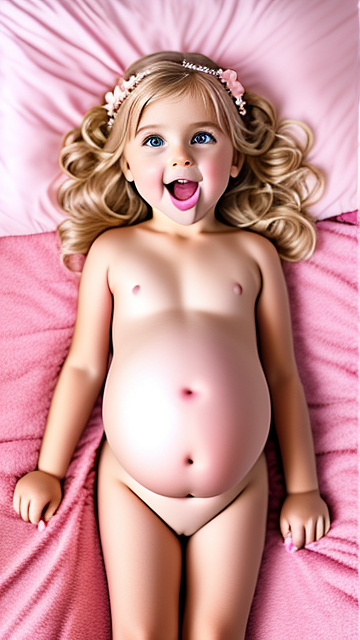 Realistic, detailed, 6-year-old blonde girl, pregnant, pink wedding outfit, showing belly, laying on bed, top down full body view, mouth open,  in custom style