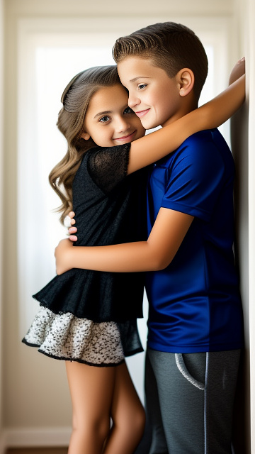 A romantic moment between a childhood couple. the very sexy hot 11 year old girl, wearing her super sexy clothes, hugging the 11 year old boy. in custom style
