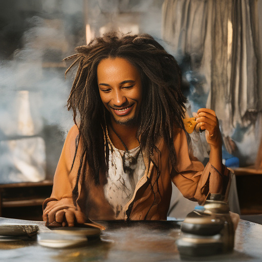 A black rastafarian is sitting on a worktable, smiling happily and smoking. the room is smoky. in custom style