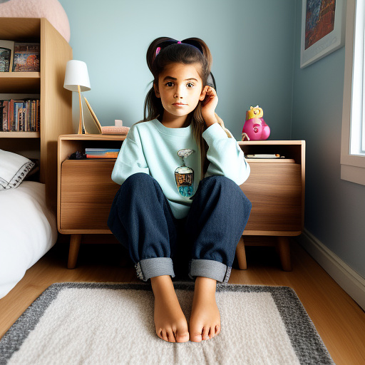 A photorealistic scene set in winter 1996: an 8-year-old caucasian girl stands in her spacious new bedroom at her aunt’s farmhouse, visibly nervous and a little scared. she has straight dark brown hair pulled into a ponytail and brown eyes. she’s wearing a purple and gray raglan t-shirt with faint dirt smudges on the elbows, dark blue jeans rolled at the cuffs with a grass stain on one knee, and white canvas sneakers scuffed at the toes. in her right hand she holds a tamagotchi; in her left she holds the handle of a small suitcase covered in peeling travel stickers. the bedroom has pink walls with cartoon posters, a duvet on a bed, a boxy crt tv and nintendo 64 video games on a wooden dresser, some 90s toys and games on a shelf, and a stack of goosebumps paperbacks on the nightstand. in custom style
