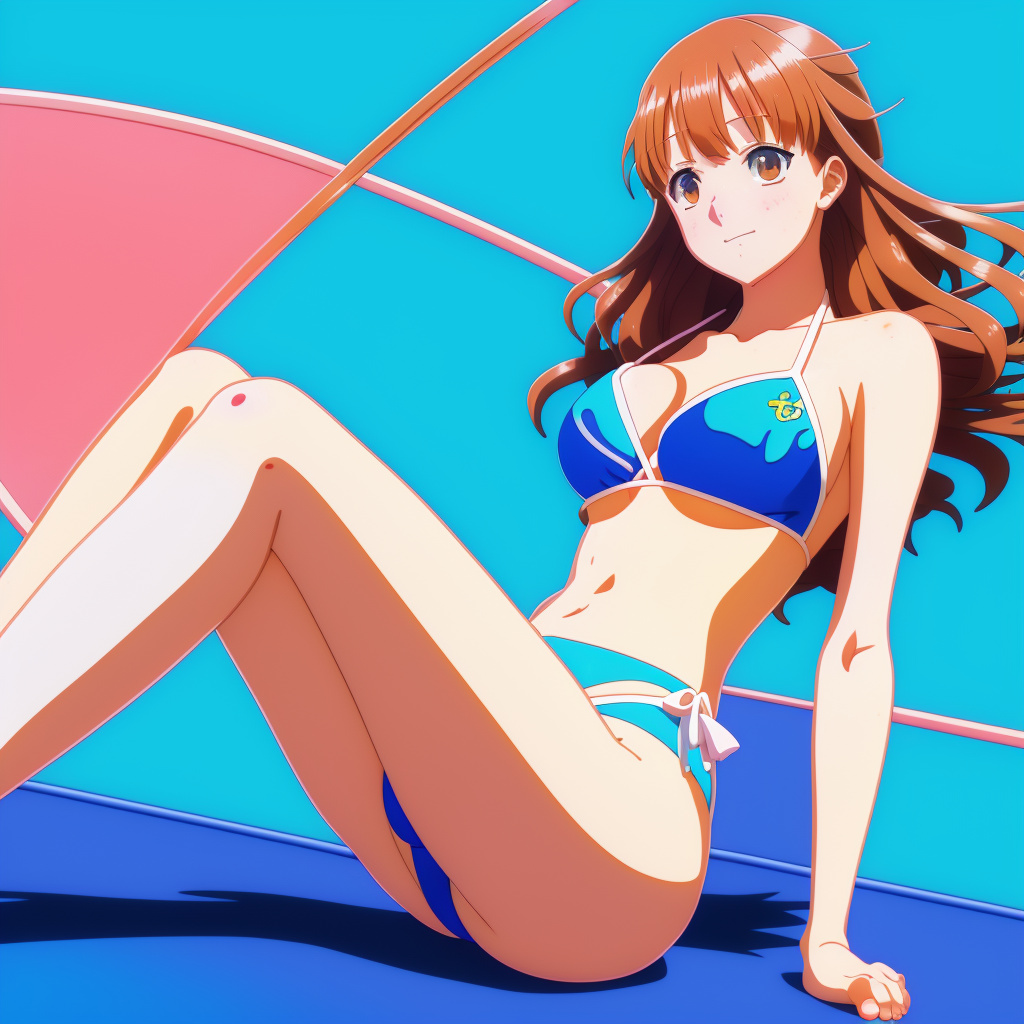 In between the legs of a girl in a bikini in anime style