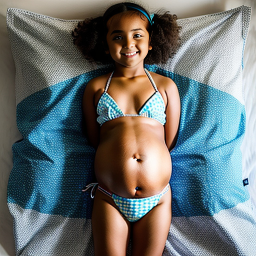Little sister of 13-years-old pregnant of 40 weeks at bed wearing bikini and a with her big belly in custom style