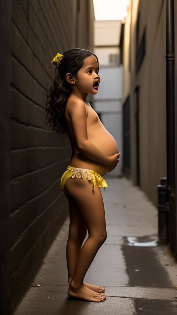 Pregnant, 7 years old, jenna ortega, yellow panties, nude, alleyway, screaming in pain,  in custom style