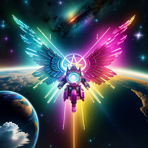 A cheerful transformer flies through space against the backdrop of planets. in angelcore style