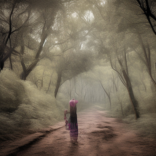 A 9-year-old girl is walking along a forest path. it's evening. she has a basket in her hand. view from behind. in custom style