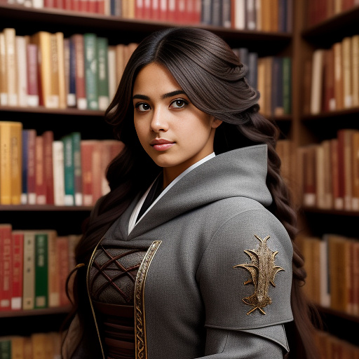 Medieval portrait of a strong hispanic woman, wearing a simple medieval coat in front of a library in anime style