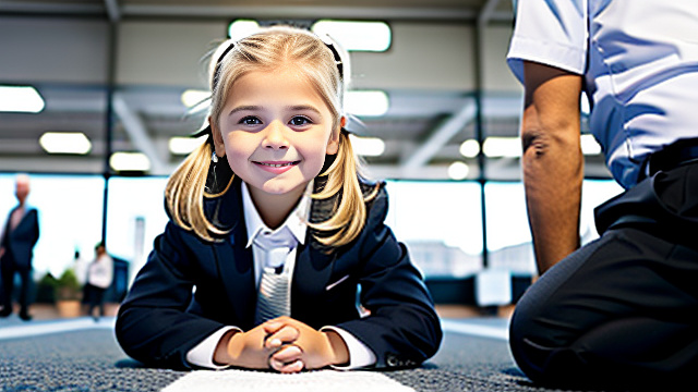 White, blonde, smiling, girl 7 years old on her knees facing sideways towards a 35yr-business-man, show both people fully in picture, in custom style