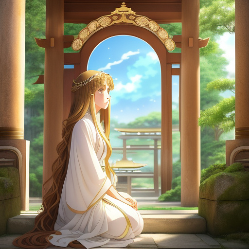 The most beautiful highest priestess long light brown hair, big light green eyes lighting the olympic flame using a concave mirror in ancient olympia, ancient greece in anime style