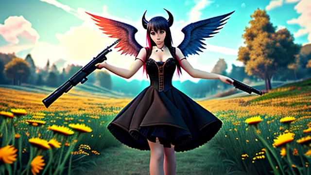  succubus in a black dress girl shooting a gun in a meadow in angelcore style