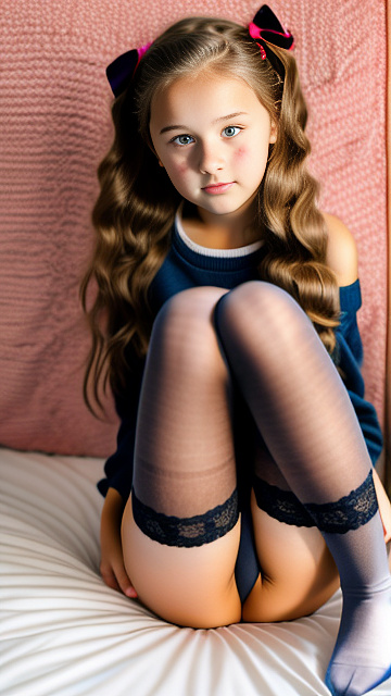 Girl, 13 years old, naked, thigh highs, sitting on a bed, legs down in custom style