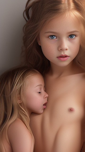 A 9-year-old naked girl is sucking another girl's breast. in custom style