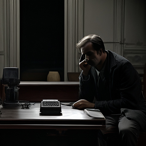 In a dark room, there is a telephone and a gun on the table. a man is sitting on a chair, and he is dead. in custom style