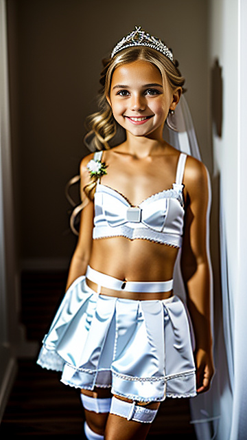 White, blonde, very cute, smiling, girl 9 years old, cloth bra , mini skirt, bride tiara, garter belts, standing next to uncle, both shown in picture in custom style