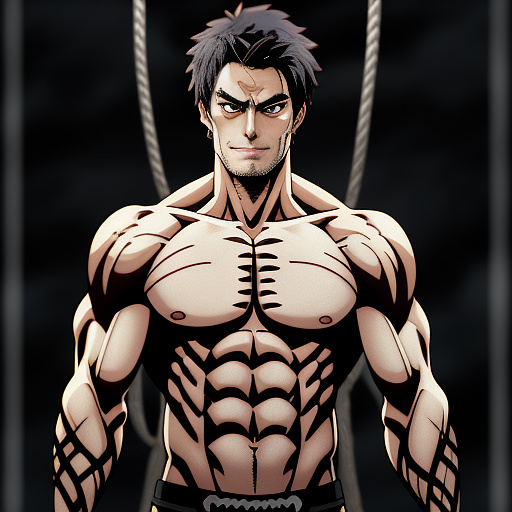 A buff gray-skinned vampire man shirtless with rope around his fists in anime style