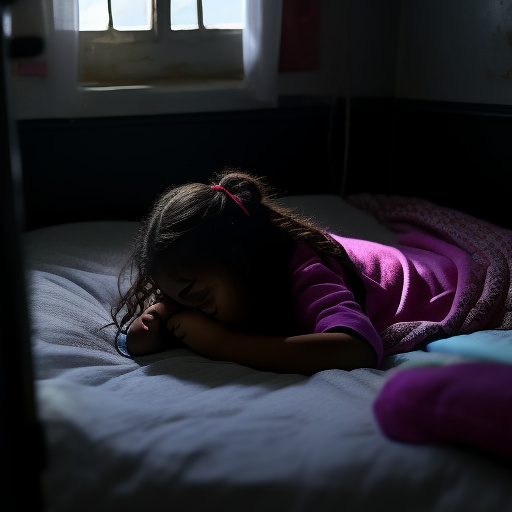 A 13-year-old girl is lying on a bed and crying. the room is dark and messy, the bed is broken. in custom style