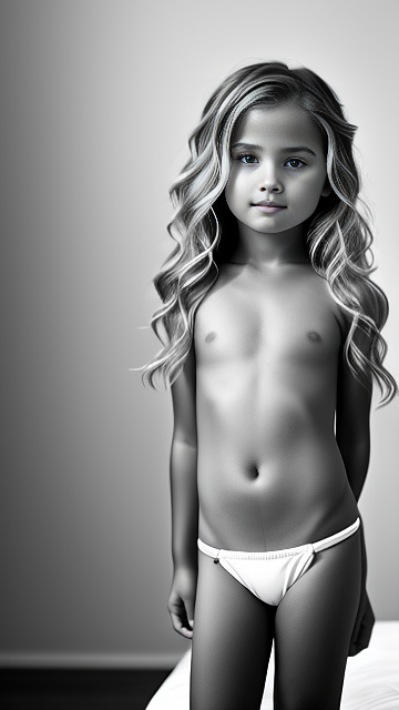8 year old pretty girl in very small bikini, topless, standing in her bedroom in bw photo style