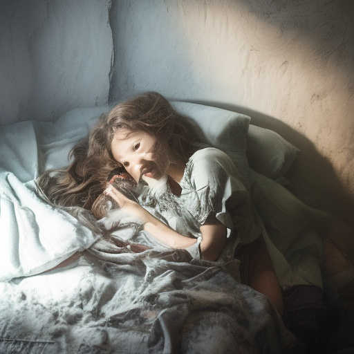 A 13-year-old girl lies on a bed in a dark room and cries. the room is dark, smoky and a mess, the bed is broken. there is an ashtray with an outstanding cigarette on the table. in custom style